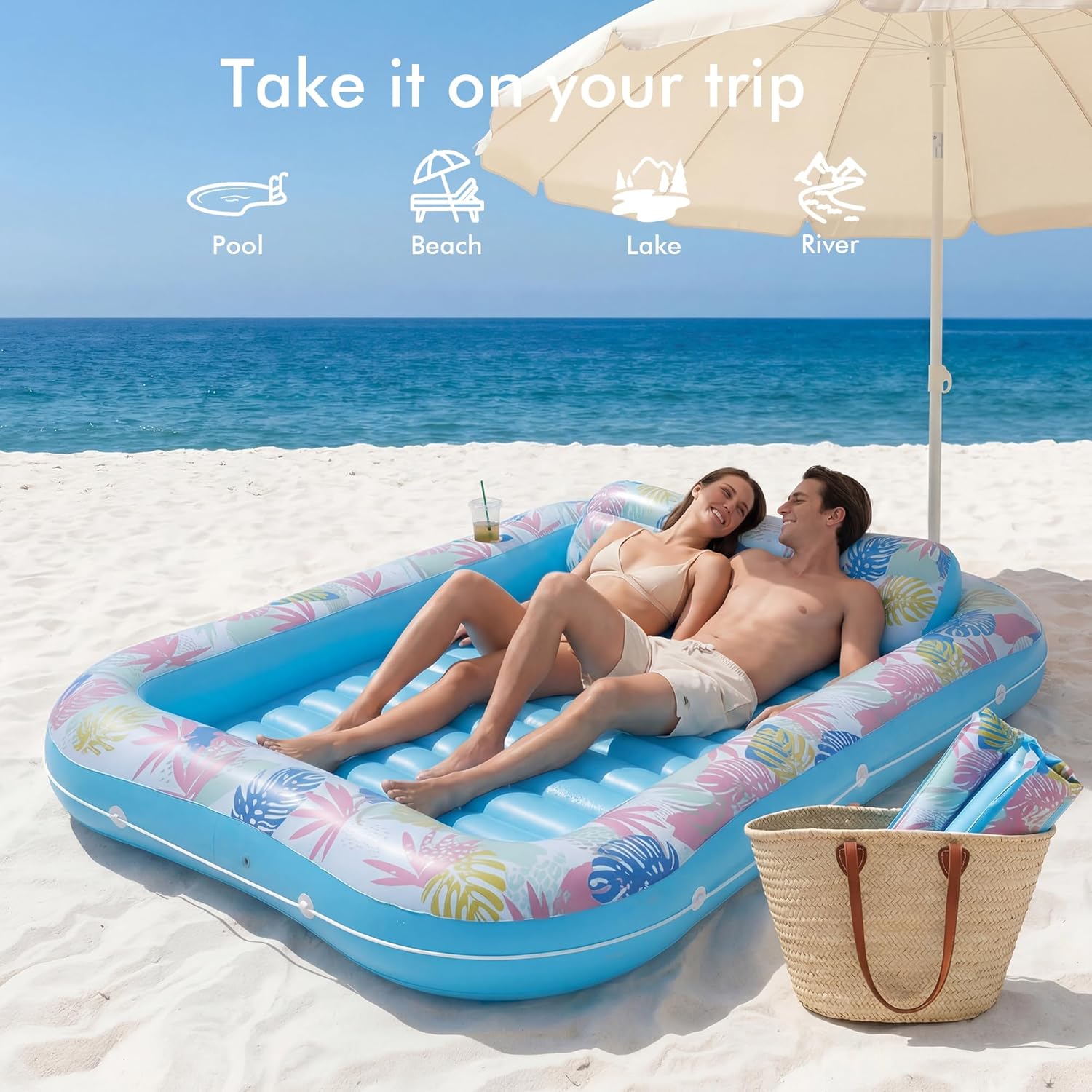 Tanning Pool Lounger Float, OKSUWATER 87" x 63" Pool Floats Adult with Headrest & Drink Holder, Blow-Up Bed Sun Tan