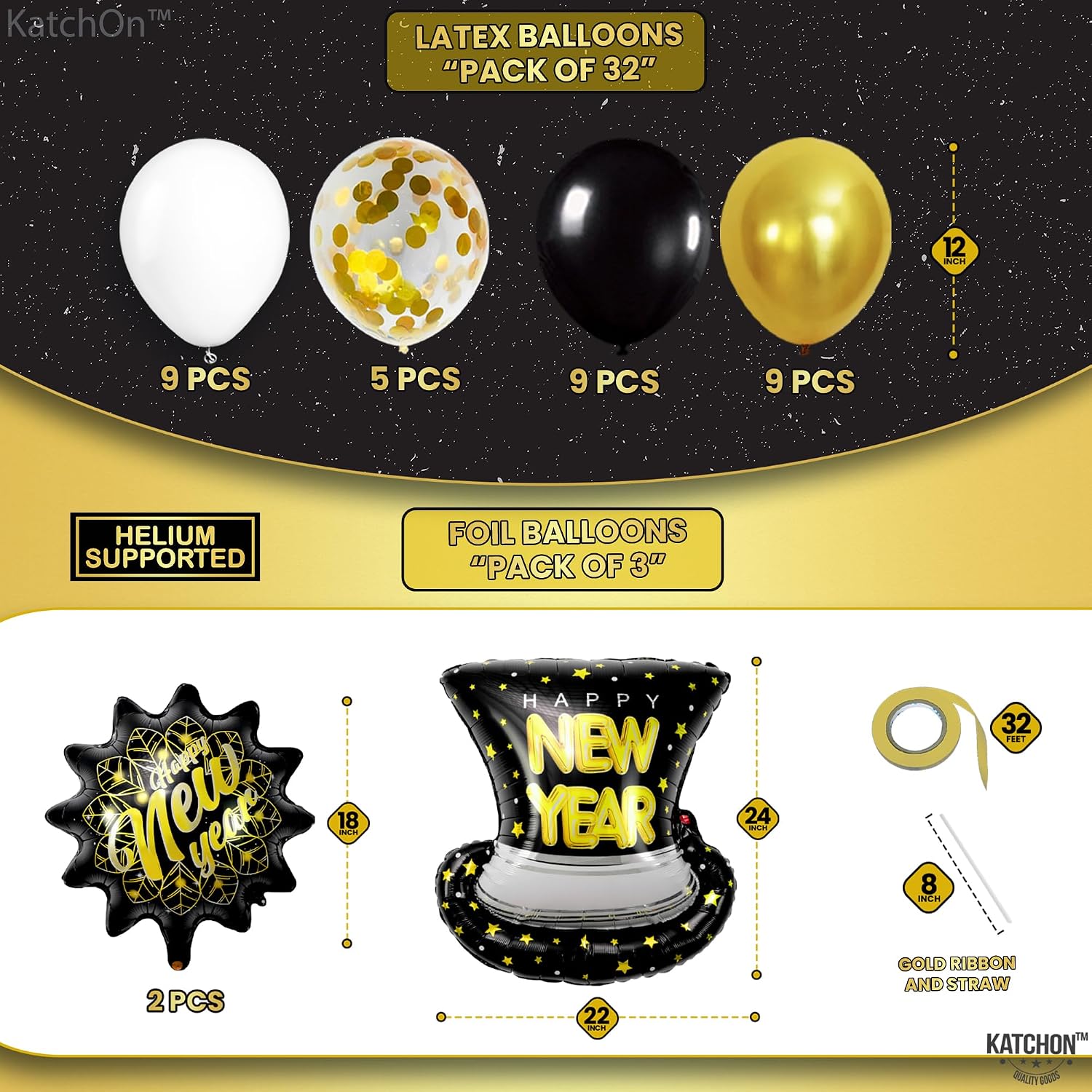 New Years Eve Party Supplies 2026, Pack of 37 | Happy New Year Banner, New Years Balloons for Black and Gold Happy