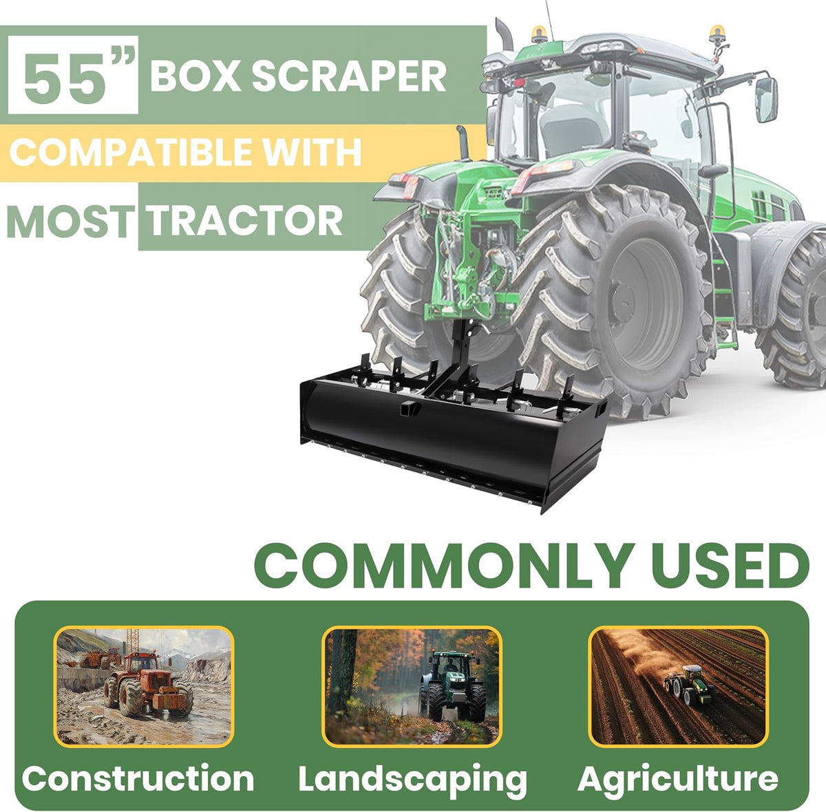 55" 3 Point Box Scraper Compatible with CAT 0 Three-Point Tractor Box Blade Attachment Leveling Grading Landscaping