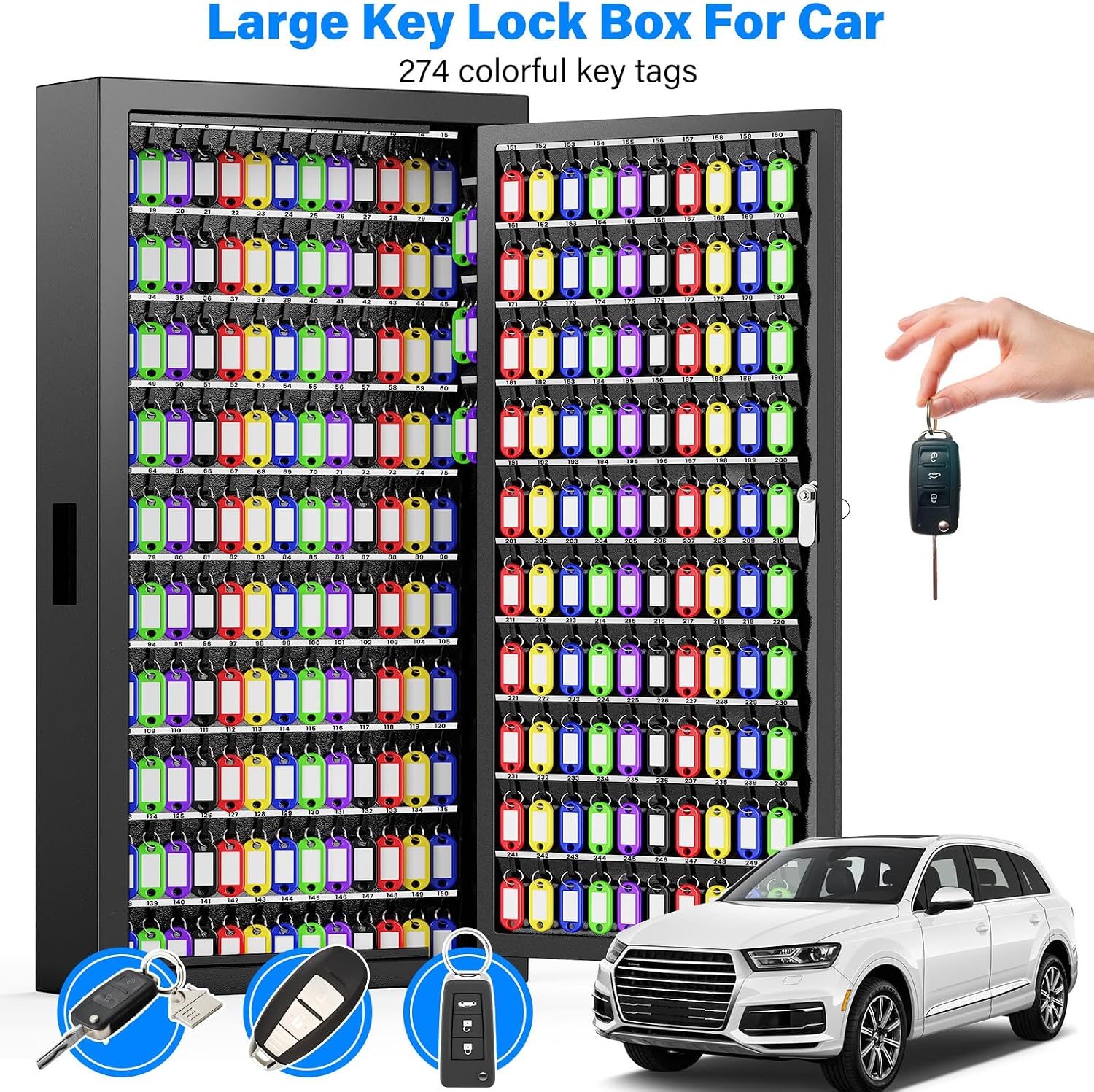 250 Keys Key Lock Box Wall Mount with Additional 24 Side Hooks and Key Tags | Anti-Theft Key Cabinet with Side Drop