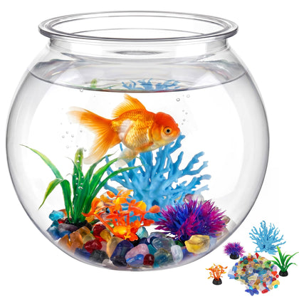 1 Gallon Clear Plastic Fish Bowl Kit with Coral, Artificial Plants & Stones