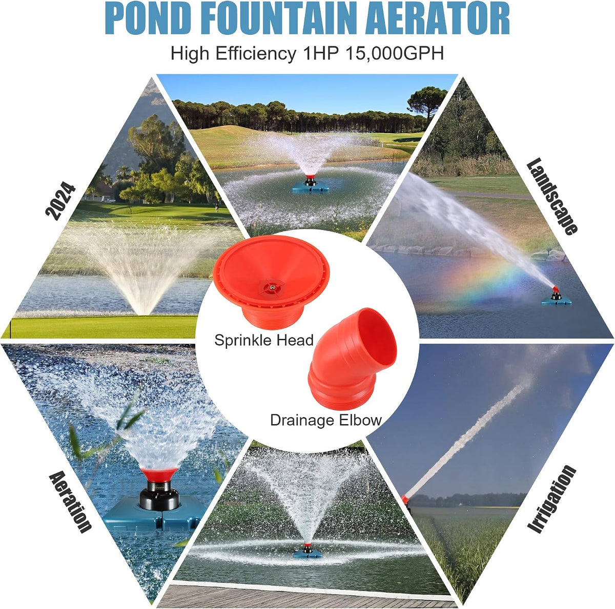 Pond Fountain Aerator F2 1HP 750W 15000GPH Floating Fountains Pump