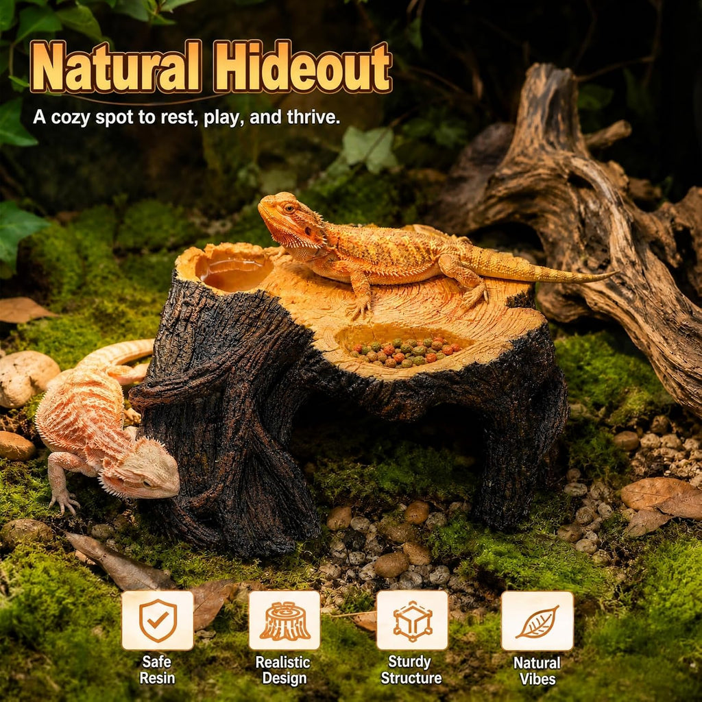 Reptile Hide Cave, 3 in 1 Tree Stump with Basking Platform