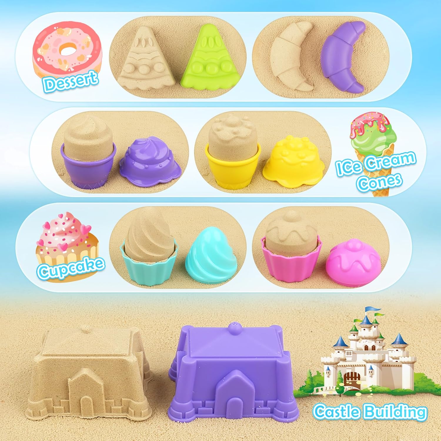 Beach Toys for Kids, 2 Collapsible Sand Bucket and Ice Cream Travel Toys | Collapsible Sand Bucket and Shovels Set
