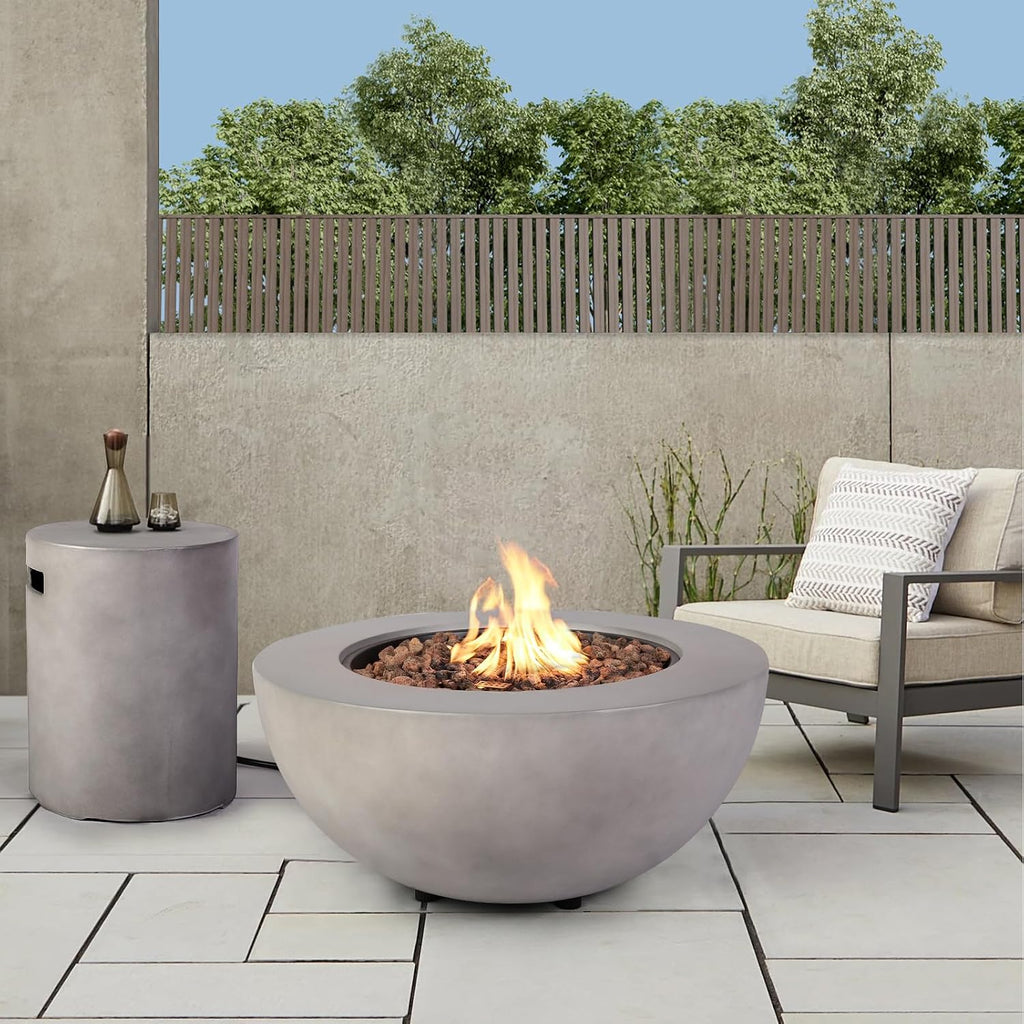 2-Piece Outdoor Propane Fire Pit Table Set w/Tank Cover Table, 31.5-inch 50,000 BTU Bowl Concrete Firepit SUS201