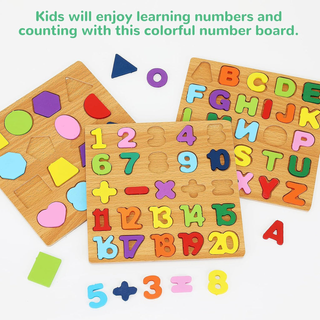 Alphabet Wooden Puzzles for Toddlers 3-5, Pack of 3 ABC, Number and Shape Puzzle, Preschool Educational Learning Toys