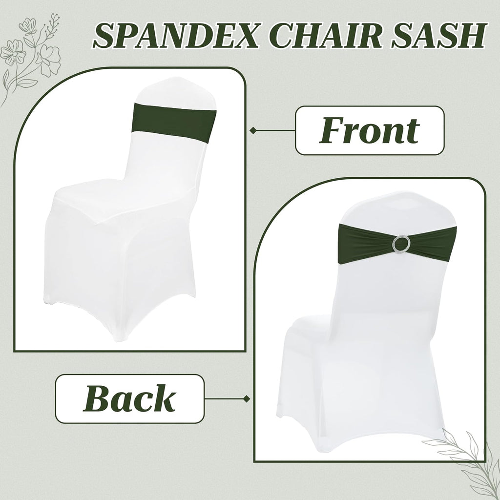 Olive | Spandex Chair Sashes Bows | 100 PCS | Stretch Elastic Banquet Universal Folding Chair Band Tie with Silver