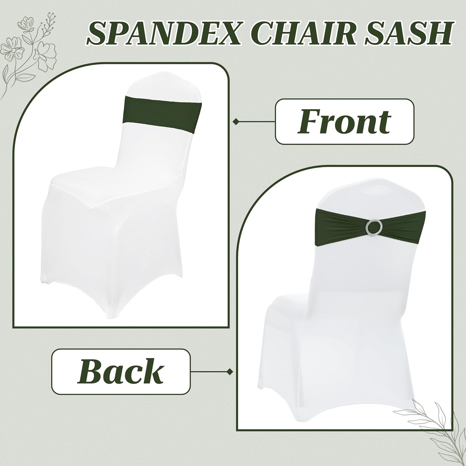 Olive | Spandex Chair Sashes Bows | 100 PCS | Stretch Elastic Banquet Universal Folding Chair Band Tie with Silver