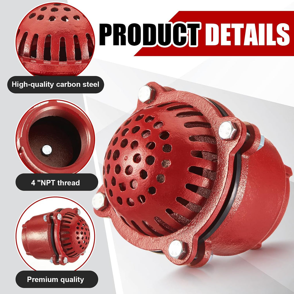Cast Iron Foot Valve, NPT Threaded Check Valve with Strainer, 4 Inch