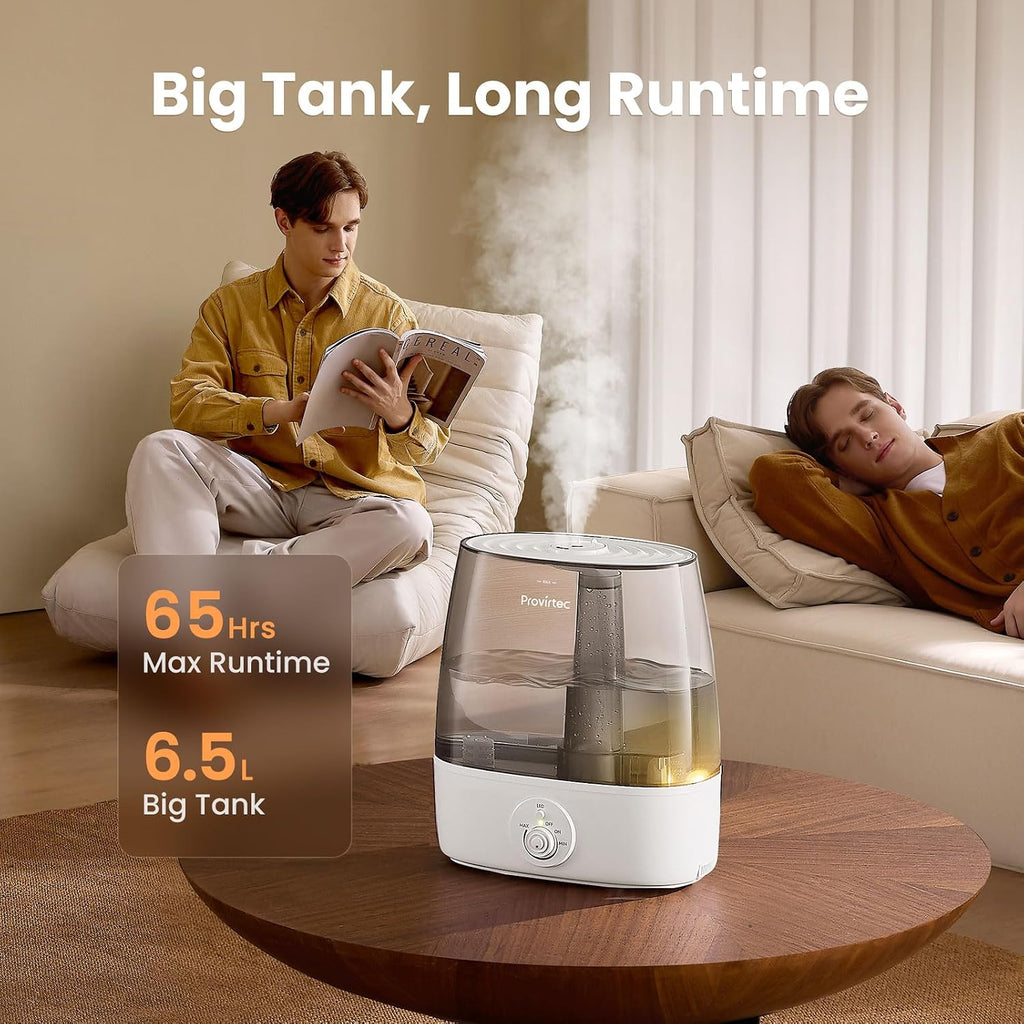 6.5L Stay Clean Tank Humidifier for Large Room, Top Fill Design | Ultra Quiet 65H Runtime, Cool Mist Ultrasonic, Low