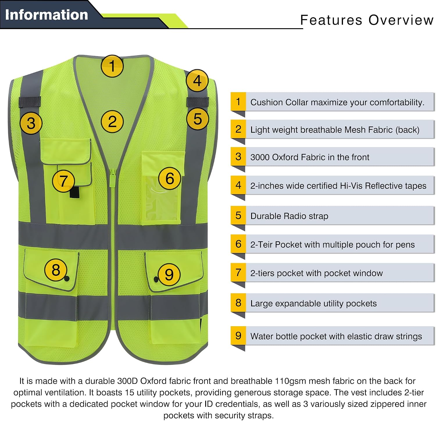 High Visibility Reflective Safety Vest | ANSI Class 2 Hi Vis Construction Work Vest with Multi Pockets, Breathable