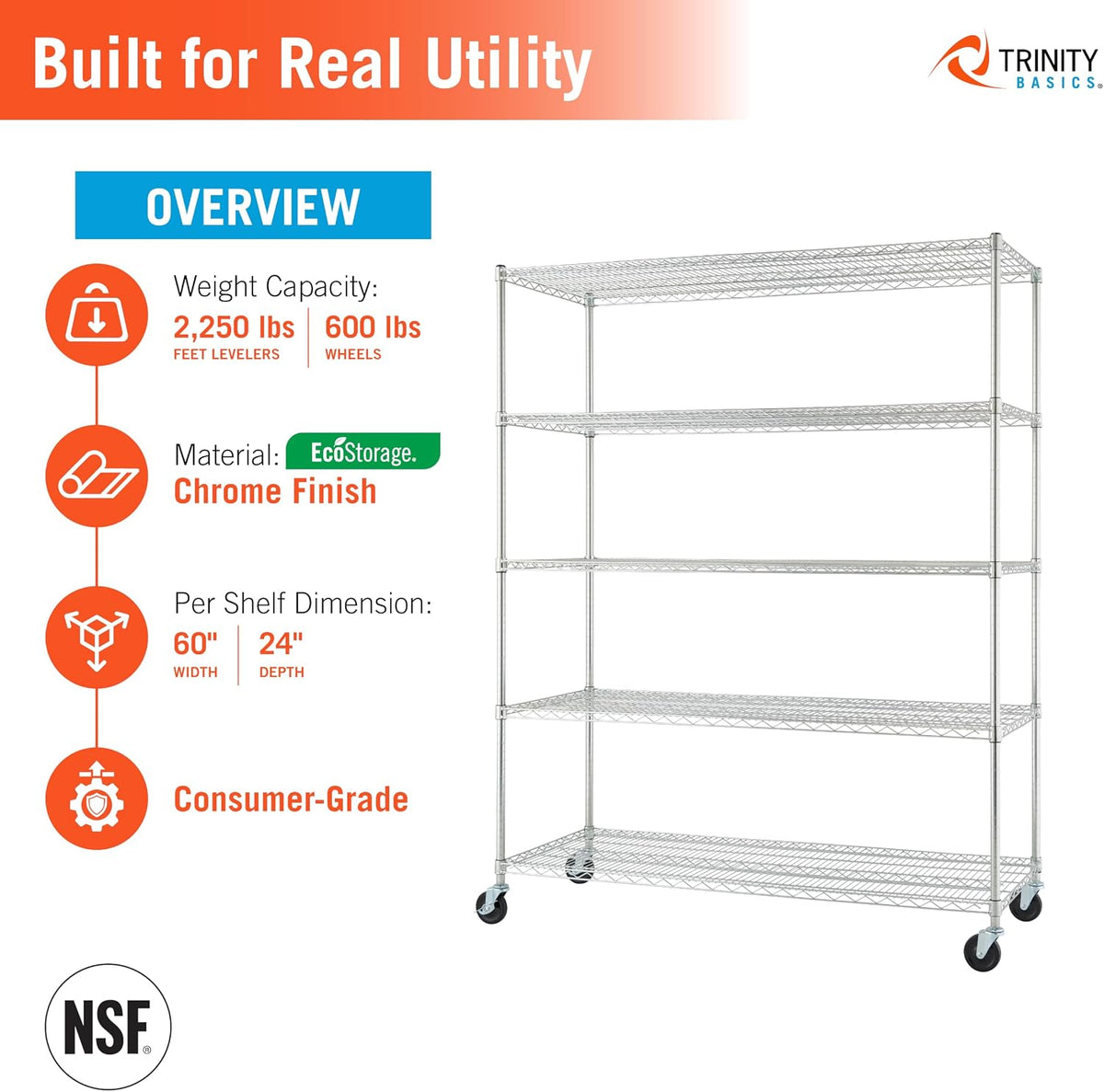 Basics 5-Tier NSF Heavy-Duty Wire Shelving Rack w Wheels, 60x24x72