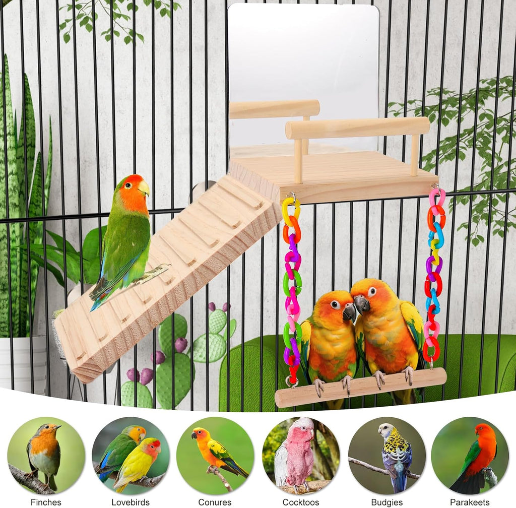 Bird Perch Platform Bird Toys with Bird Mirror Climbing Ladder Swing, Parakeet Cage Accessories - for Cockatiels
