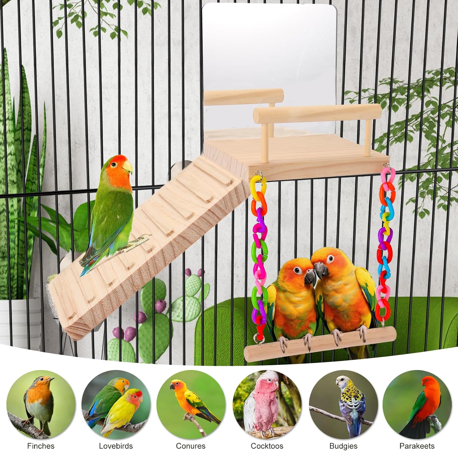 Bird Perch Platform Bird Toys with Bird Mirror Climbing Ladder Swing, Parakeet Cage Accessories - for Cockatiels