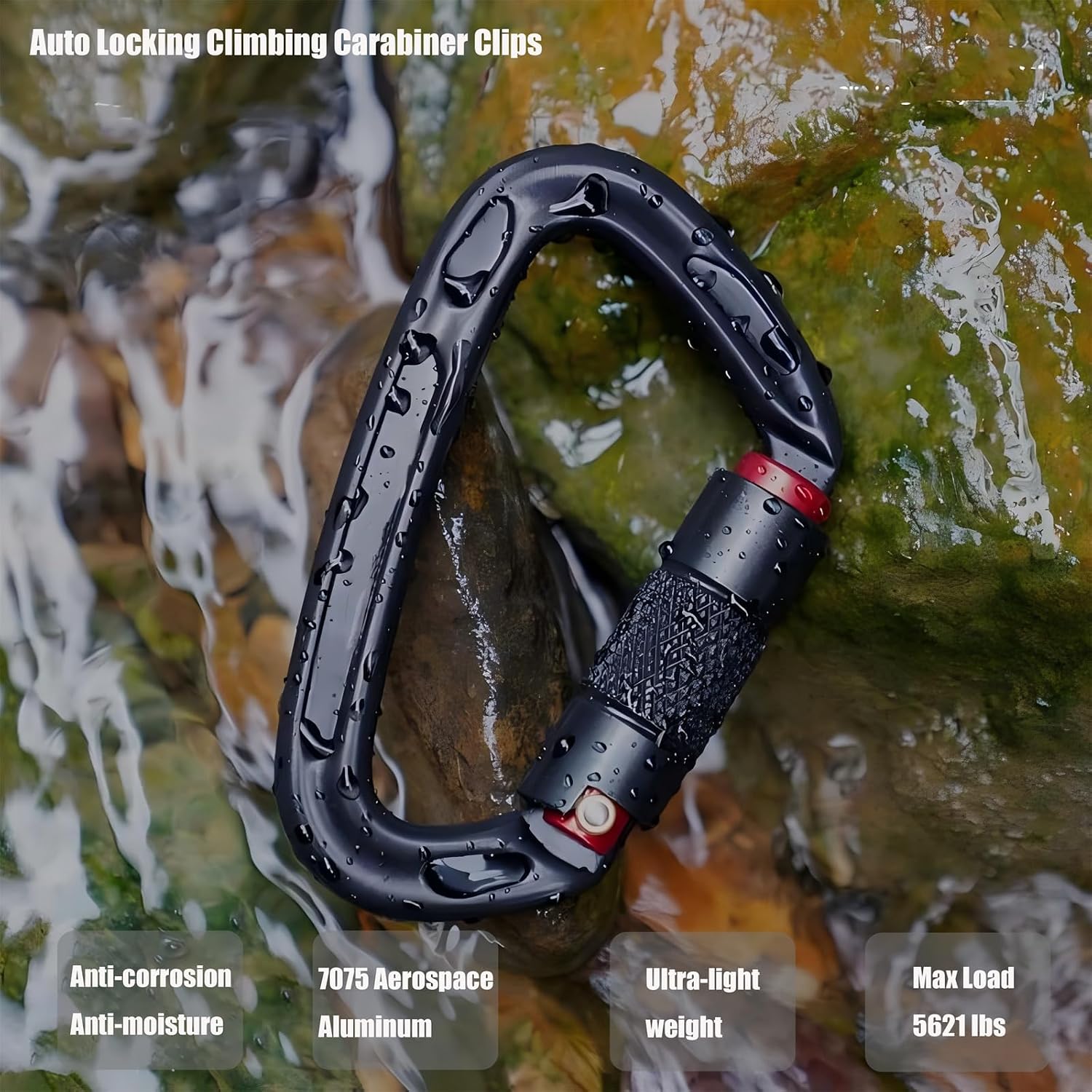 UIAA Certified 25KN Carabiner Heavy Duty, Auto Locking Carabiners Clips, 6PCS Black Carabiner for Swing, pet