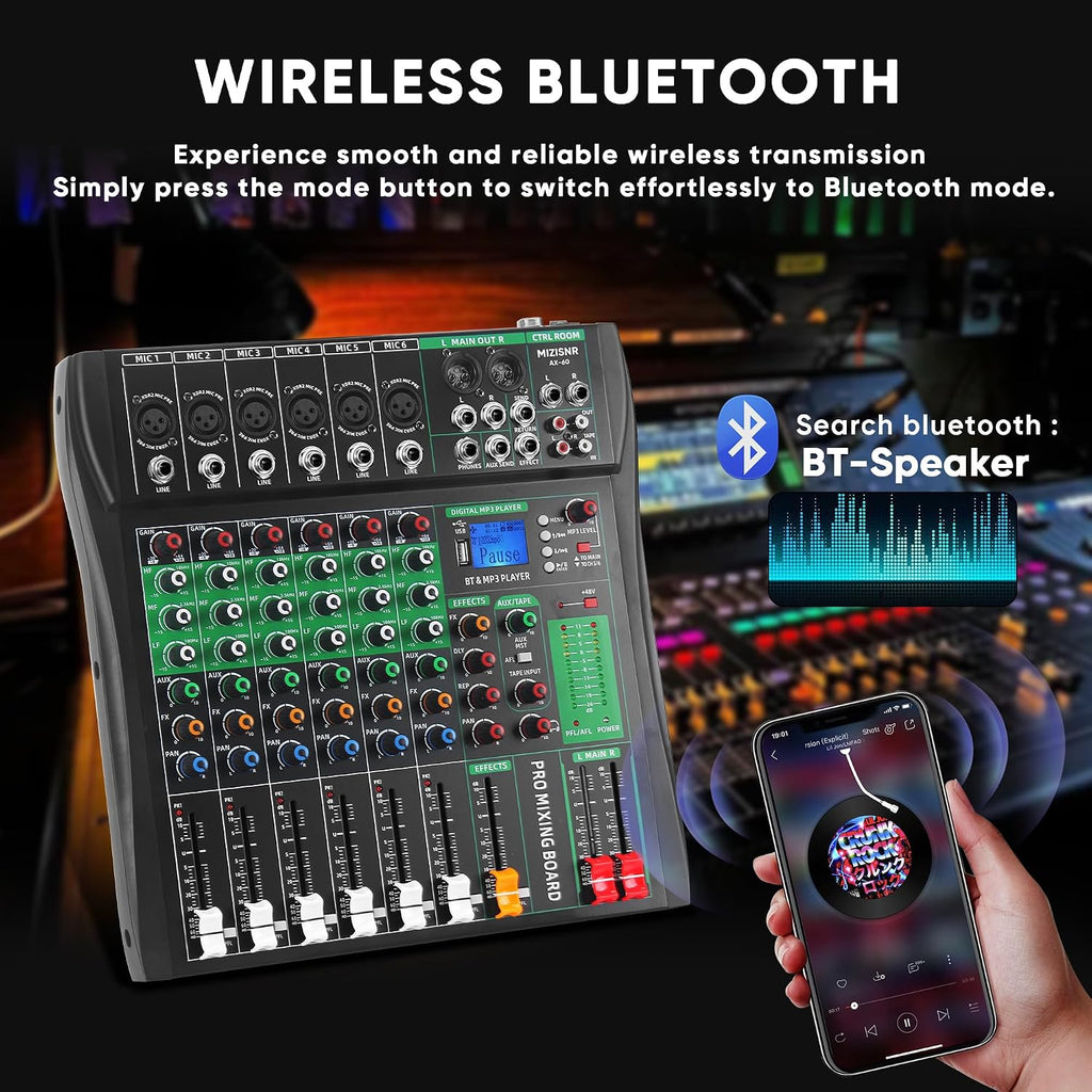 6 Channel Audio Mixer, Professional DJ Mixer Board Sound Music Mixing Console Digital Mixer with Reverb, Bluetooth