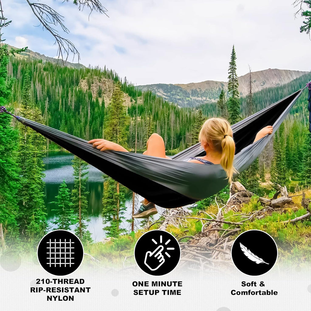 Camping Hammock Double & Single Portable Hammocks with 2 Tree Straps and Attached Carry Bag,Great for