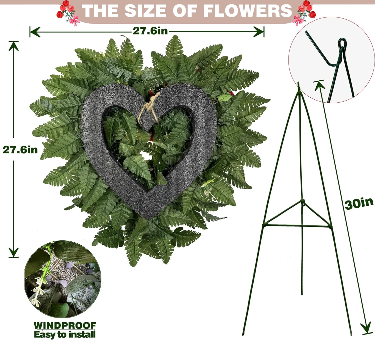 Cemetery Flower - Ebullient Remembrance Standing Heart, Grave Wreath with Easel Stand,Memorial Floral-Red Rose