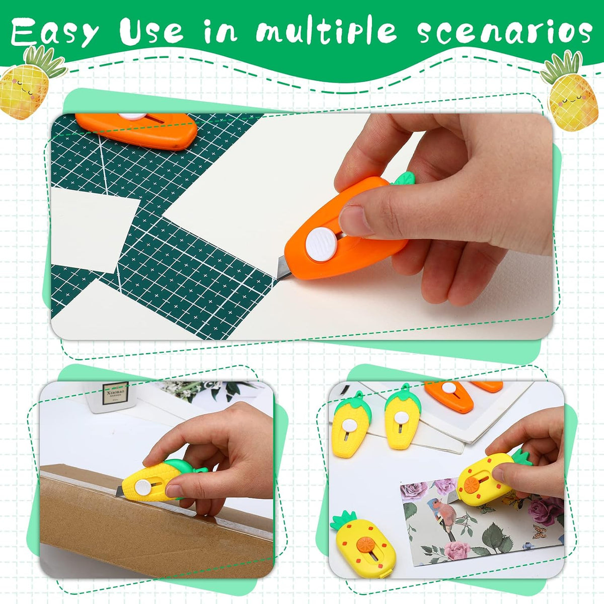 12 Pcs Mini Cute Box Cutter Pineapple Carrot Corn Retractable Opener