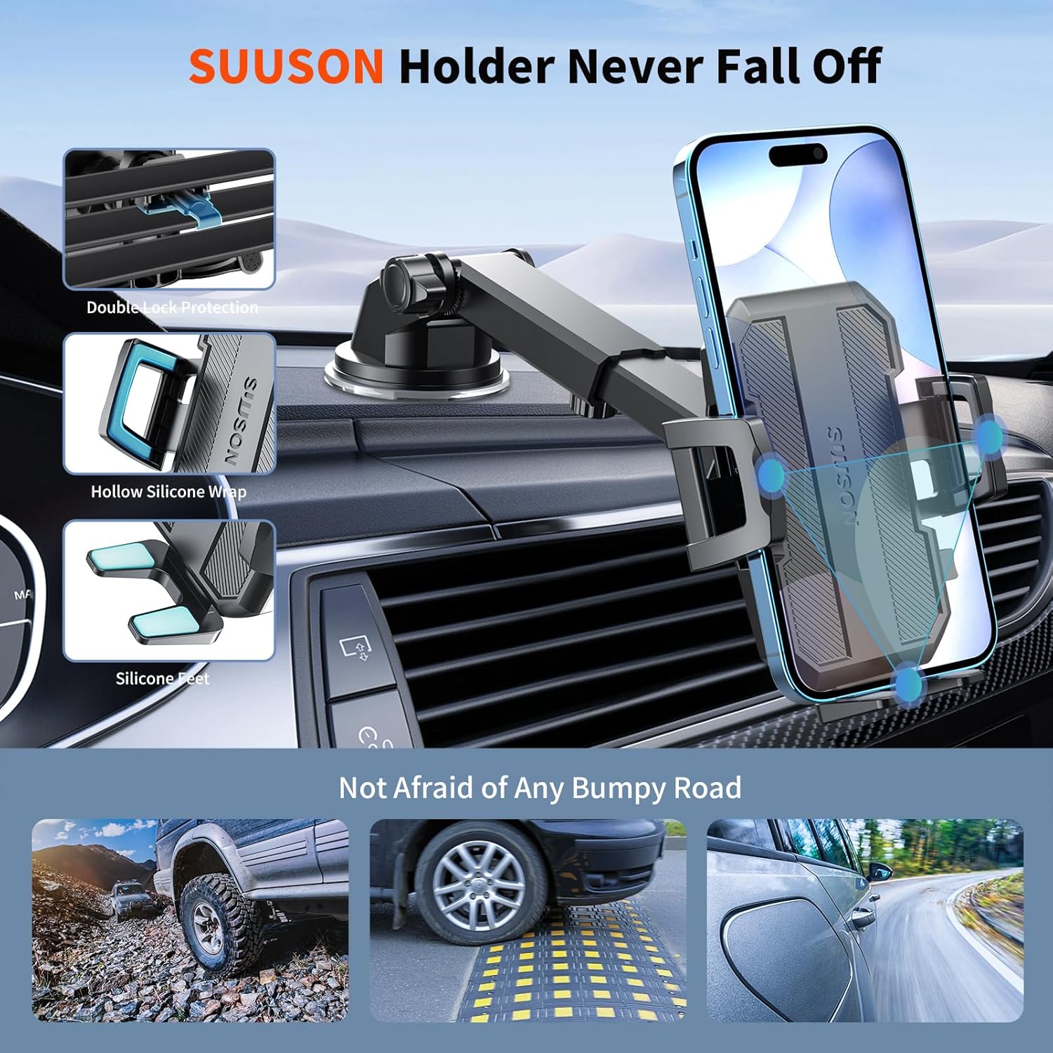Upgraded 3-in-1 Car Phone Holder Mount [Powerful Suction] Phone Mount for Car Dashboard Air Vent Windshield,for All