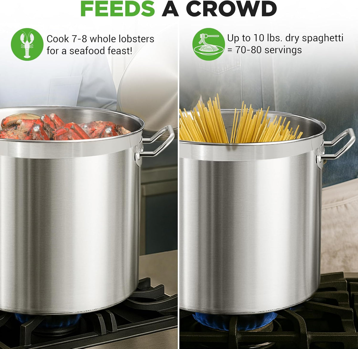 Stainless Steel Stock Pot with Lid 40 Qt | Non-Reactive 8/8 Interior Induction Pot with Even Heat Base | Compatible