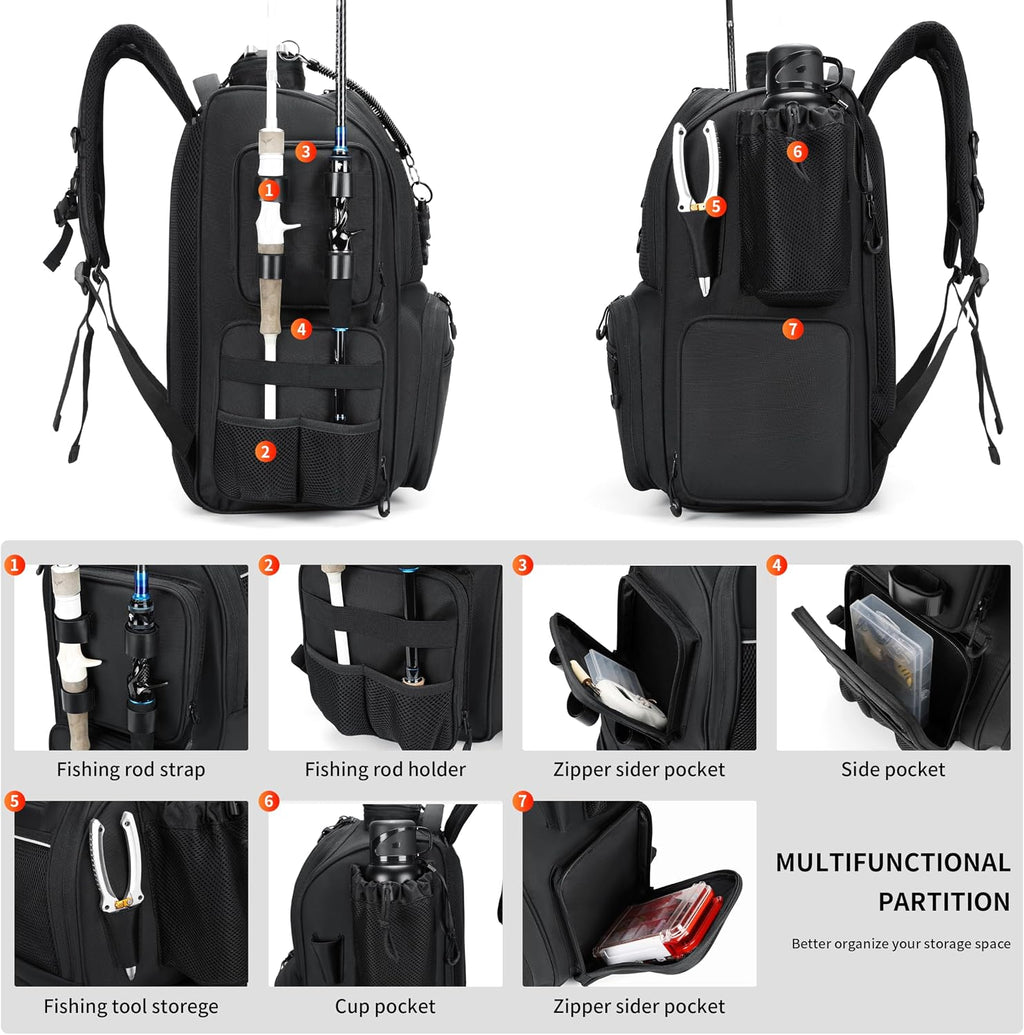 Fishing Tackle Backpack with Rod Holders, Bottle Holder, Storage Bag Store Fishing Gear
