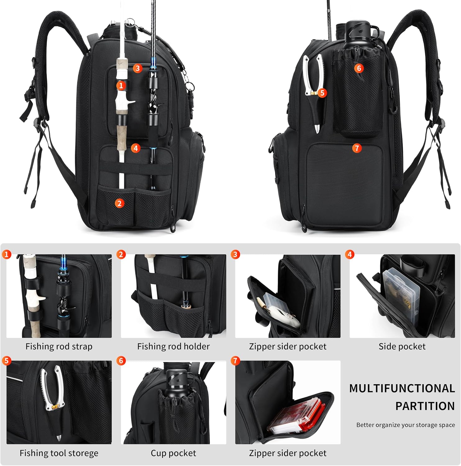 Fishing Tackle Backpack with Rod Holders, Bottle Holder, Storage Bag Store Fishing Gear