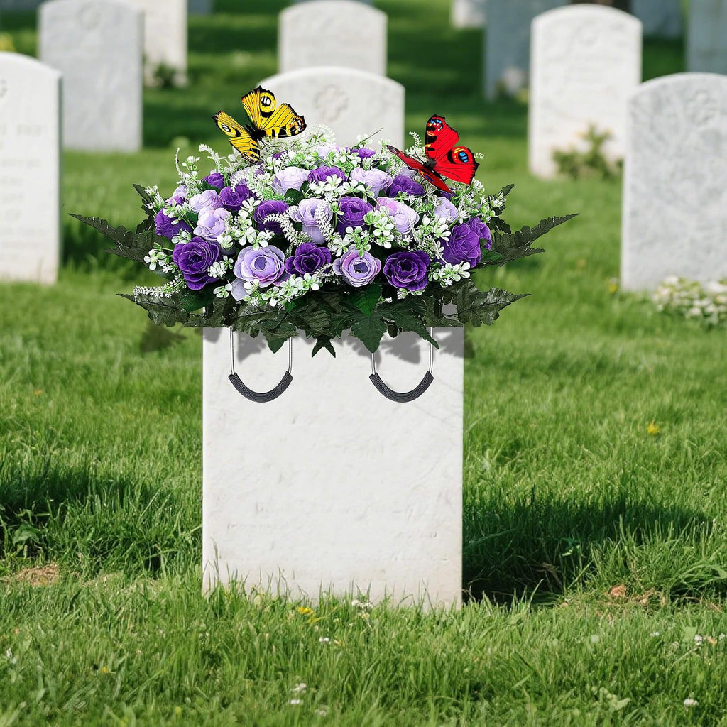Artificial Cemetery Flowers for Grave,Large Headstone Flower Saddle Realistic Grave Flowers Memorial Silk Rose