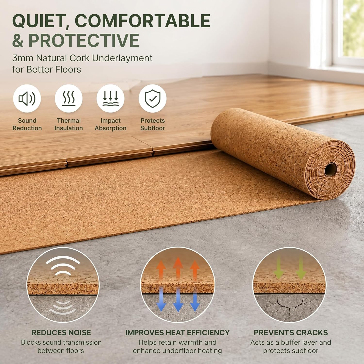 200 Sq. Ft. Cork Roll 48 x 600 Inch Cork Underlayment Roll Sound Insulation Mildew and Moisture Proof for Office Home