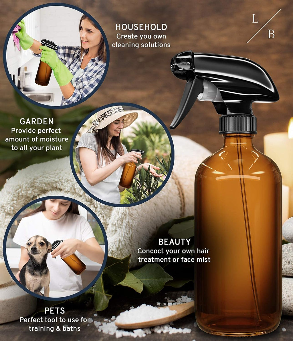 Amber Glass Spray Bottles 2 Pack, 16 oz Refillable Empty Spray Bottle for Cleaning, Essential Oils, Hair, Plants