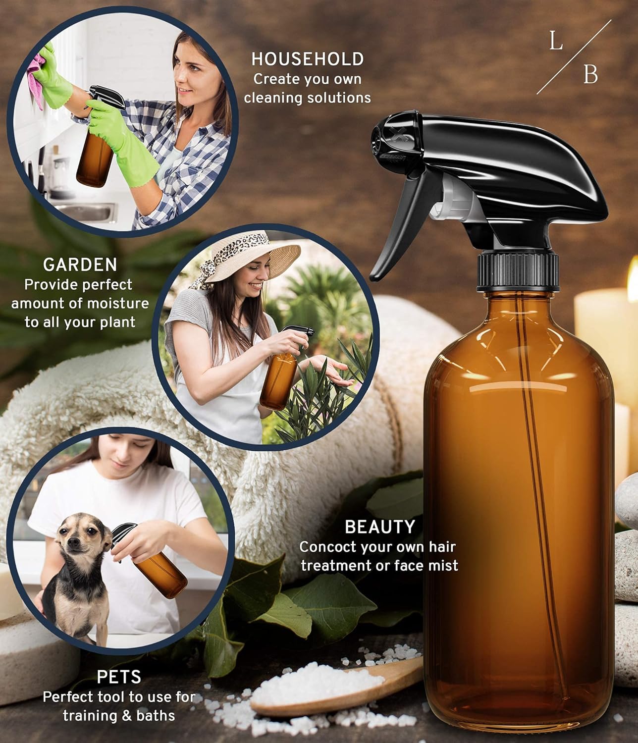 Amber Glass Spray Bottles 2 Pack, 16 oz Refillable Empty Spray Bottle for Cleaning, Essential Oils, Hair, Plants