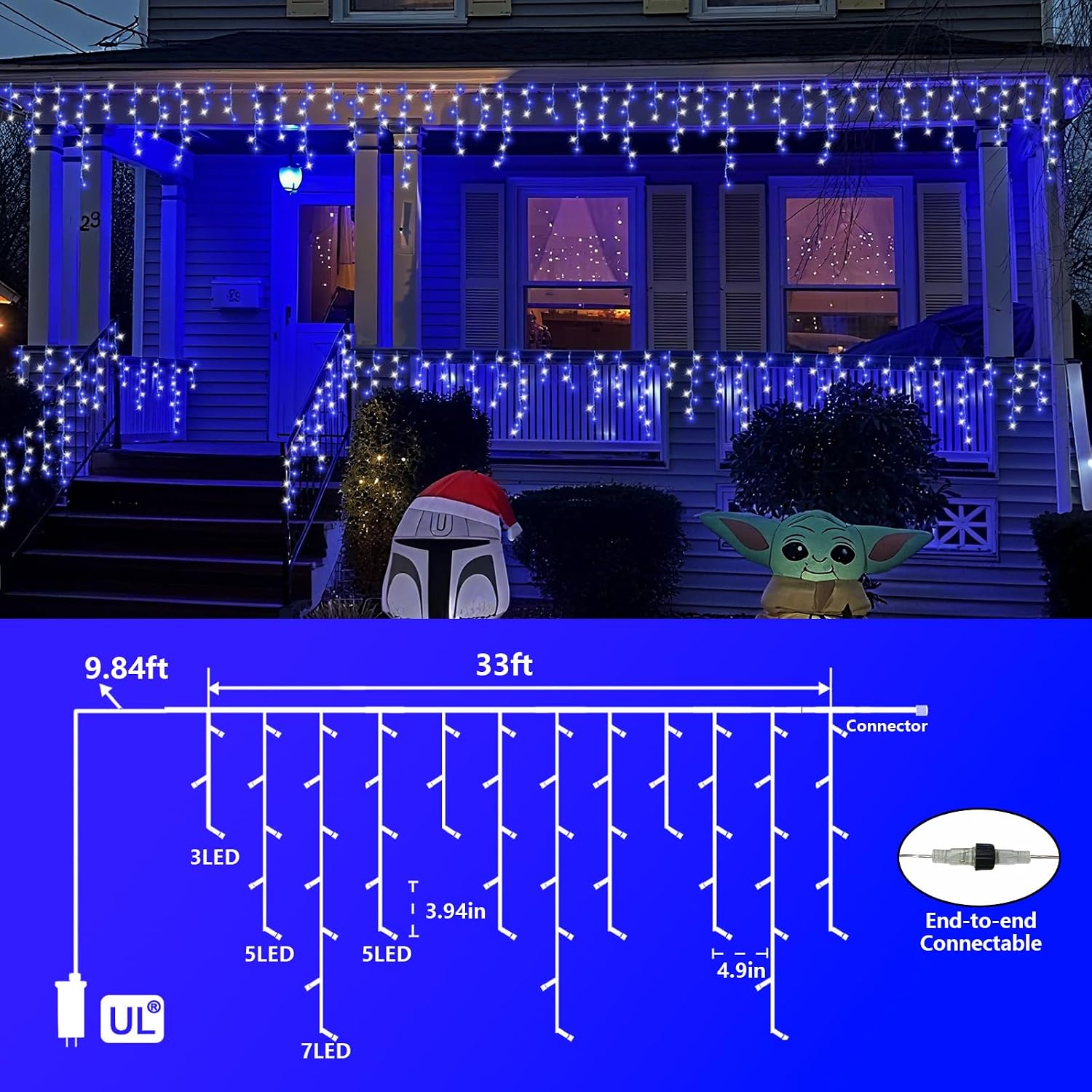 Blue and White Icicle Lights for Outside, 33ft 400 LED String Light Indoor Plug in, 8 Modes Connectable Icicle