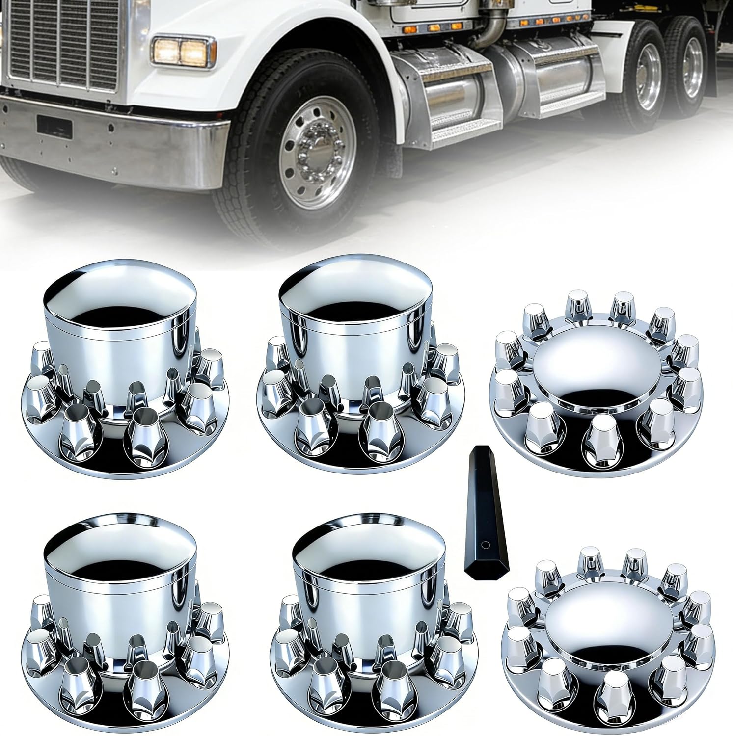 Dome Chrome ABS Hubcaps for Semi Trucks Axle Wheel Cover Kits 2 Rront 4 Rear with 33mm Thread on Lug Nut Covers and