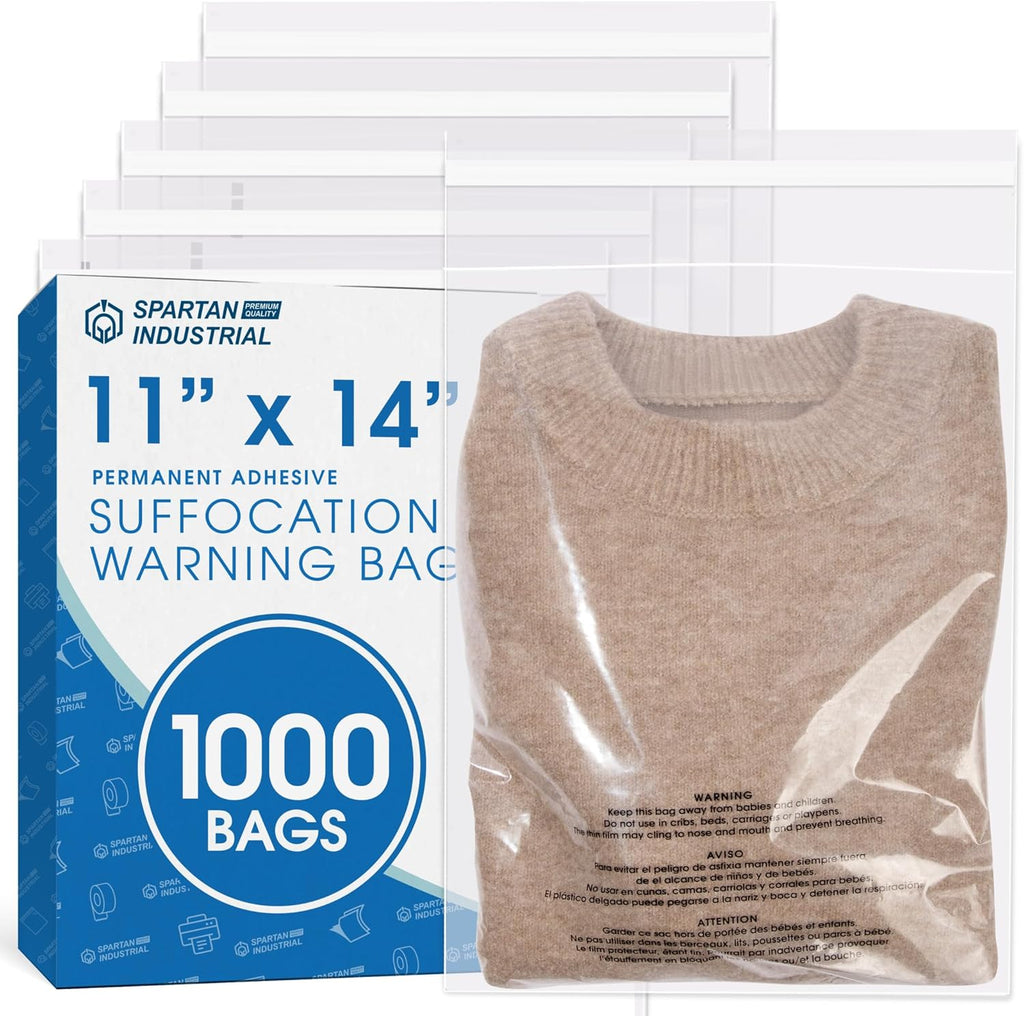 11" X 14" (1000 Count) Self Seal Clear Poly Bags with Suffocation Warning