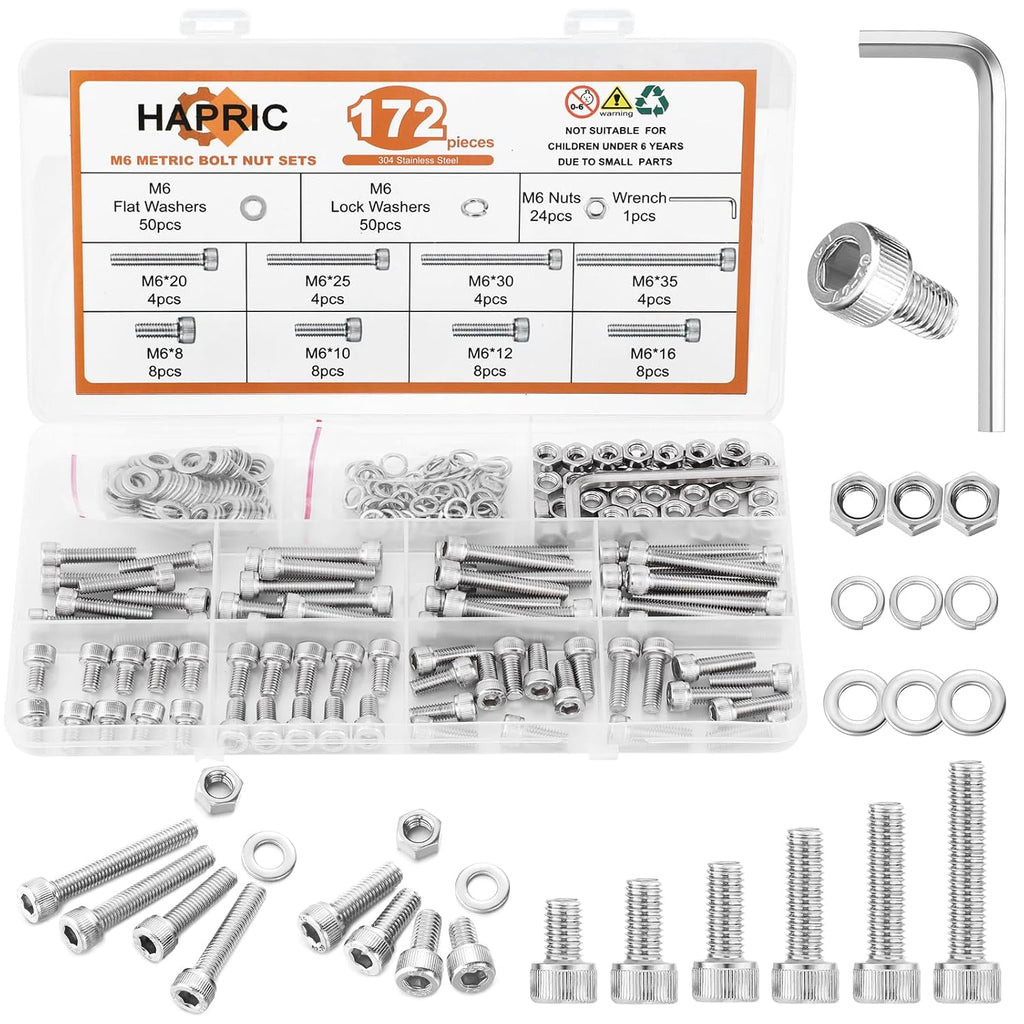 Hapric 172 Pcs M6 Bolts Assortment Kit, M6x 8-35MM Screw Kits