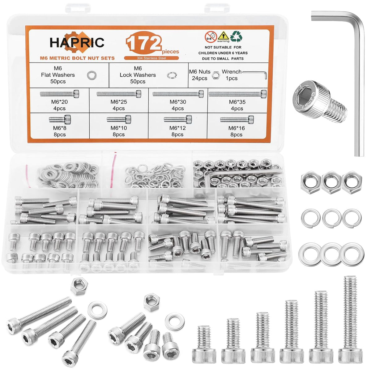 Hapric 172 Pcs M6 Bolts Assortment Kit, M6x 8-35MM Screw Kits