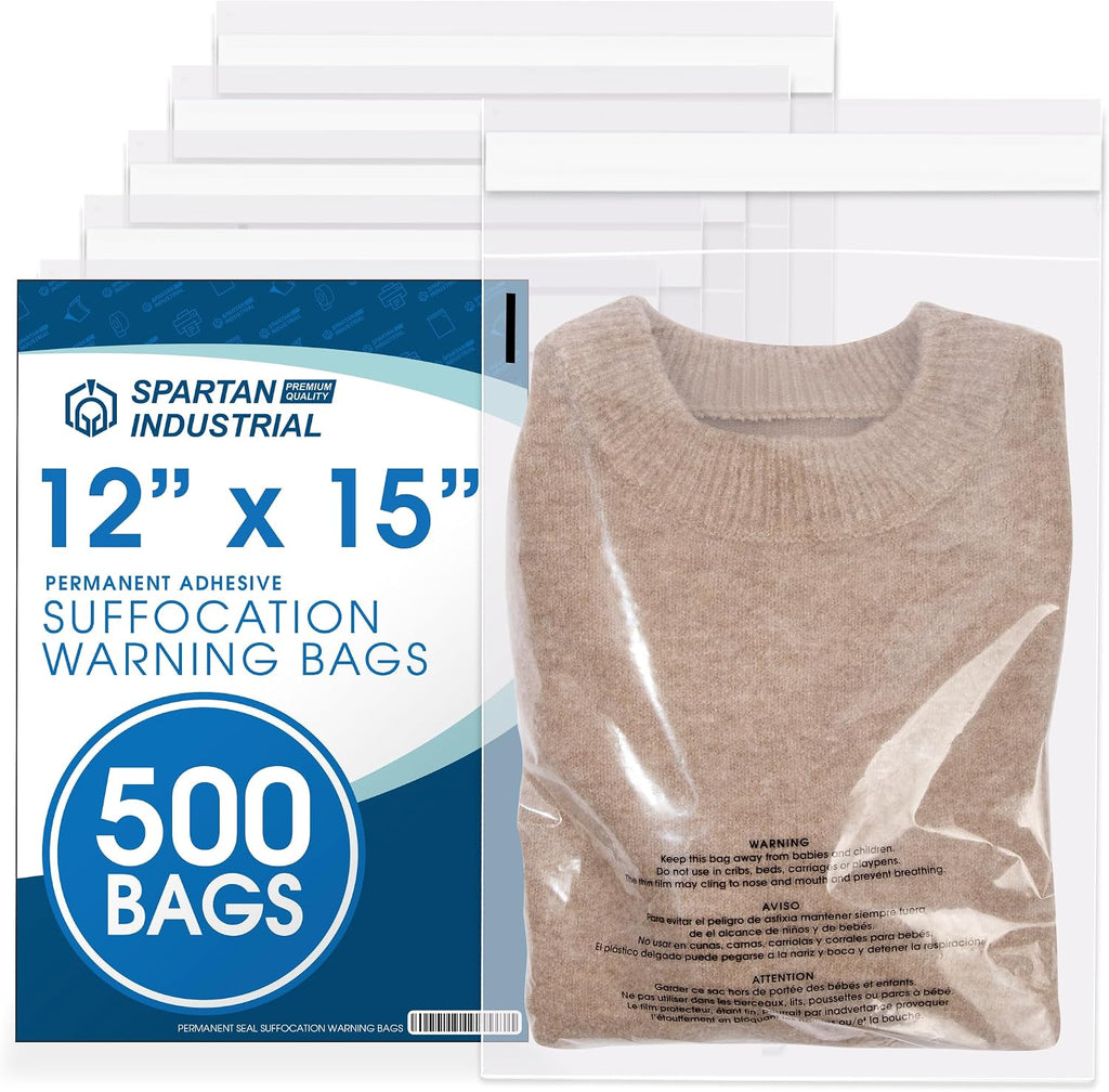 12" X 15" (500 Count) Self Seal Clear Poly Bags with Suffocation Warning