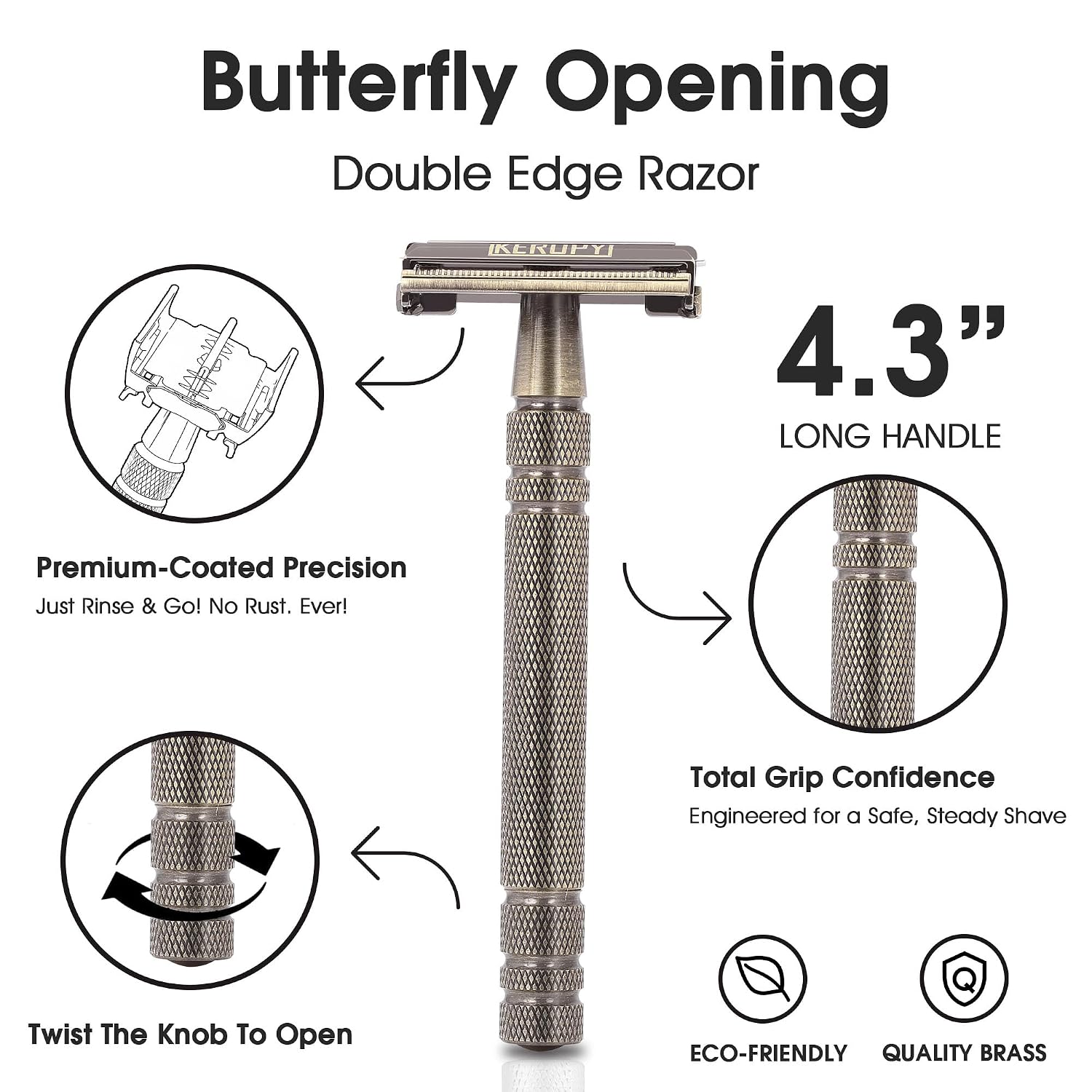 K eropy Butterfly Open Safety Razor for Men, Bronze | 10 razor blades, long handle, Pressure-free Close shave