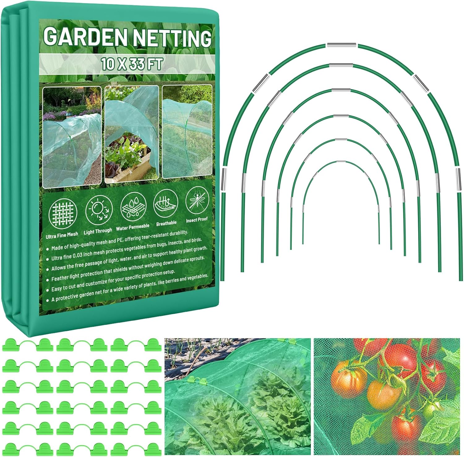 Garden Mesh Netting Kit for Raised Beds, 10x33FT Ultra Fine Mesh Netting& 6 Sets 8FT Fiberglass Garden Hoops, Insect