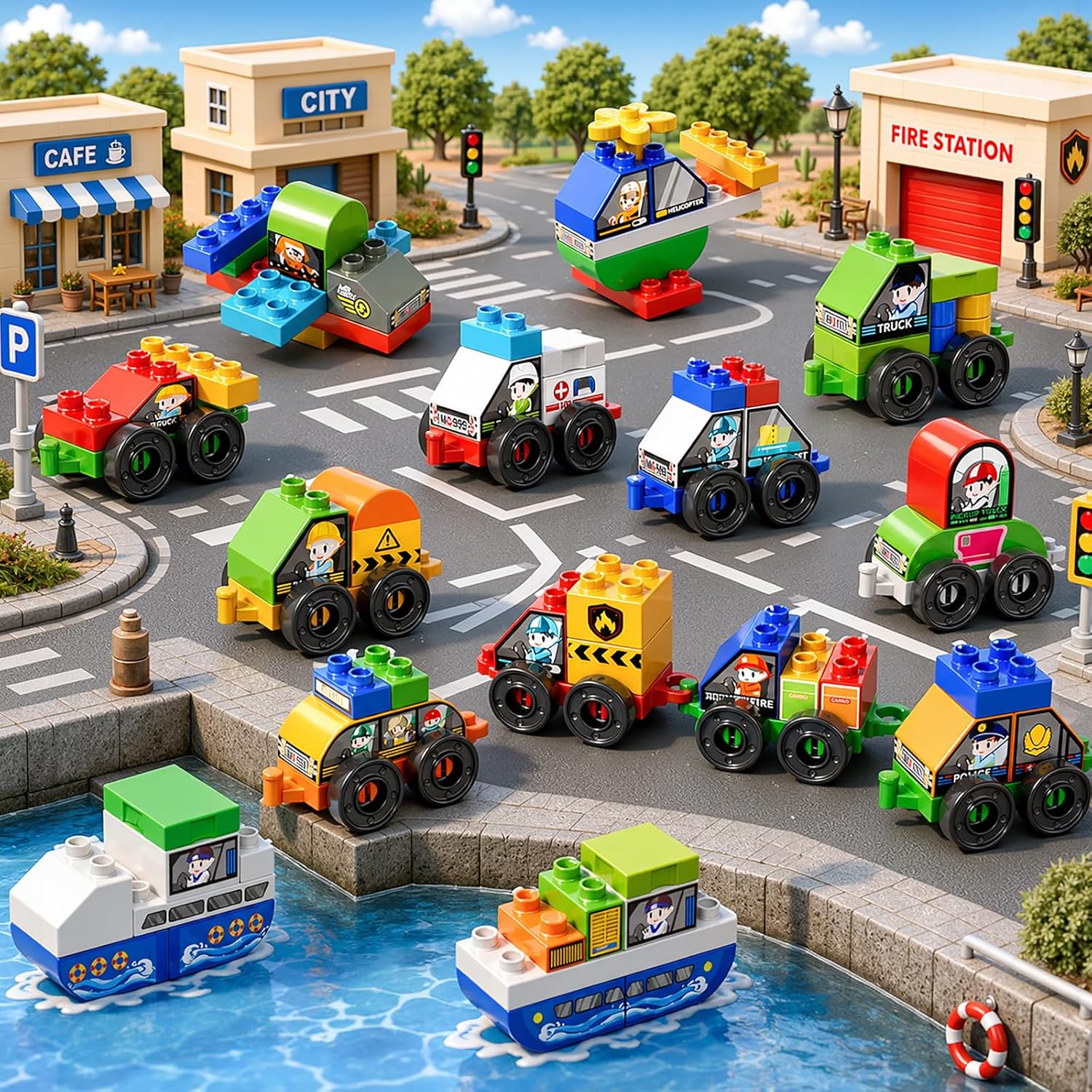 Toddlers Car Building Blocks Set, 16Pcs Different Vehicles, Build Your Own Toy Cars, STEM Learning Toy for Ages 3-5