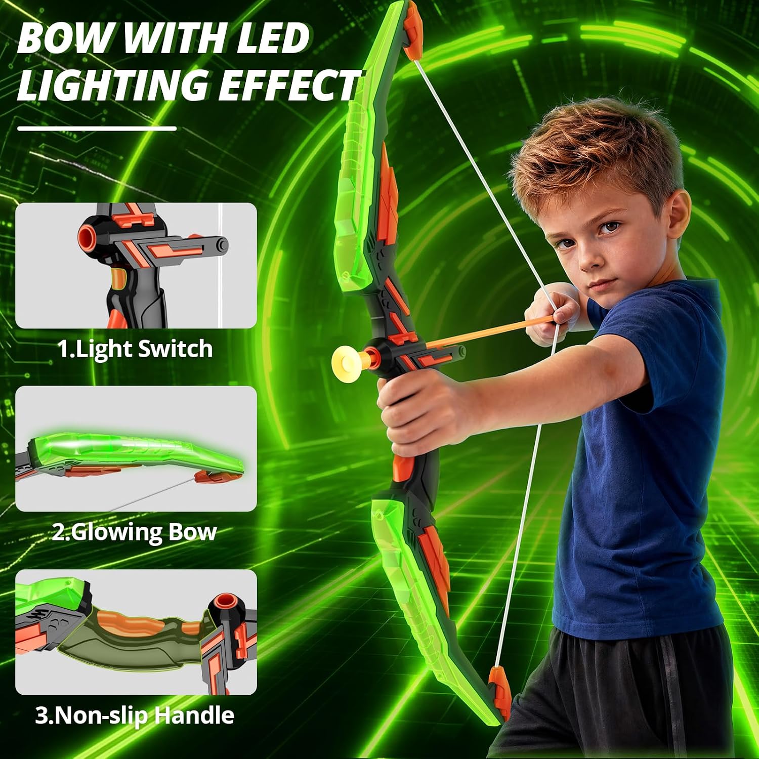 Bow and Arrow for Kids, LED Light Up Archery Set, Green | with 12 Suction Cup Arrows, 1 Standing Target, 3 Score