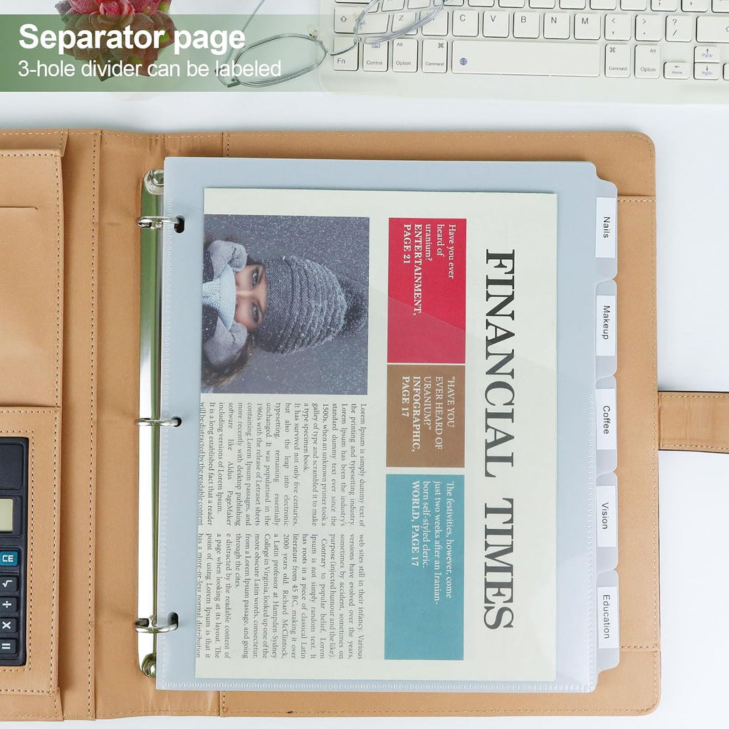 5 Tab Dividers for 3 Ring Binder with One Clear Front Pocket Grey | 9.3 x11.2 inch, Plastic Binder Dividers