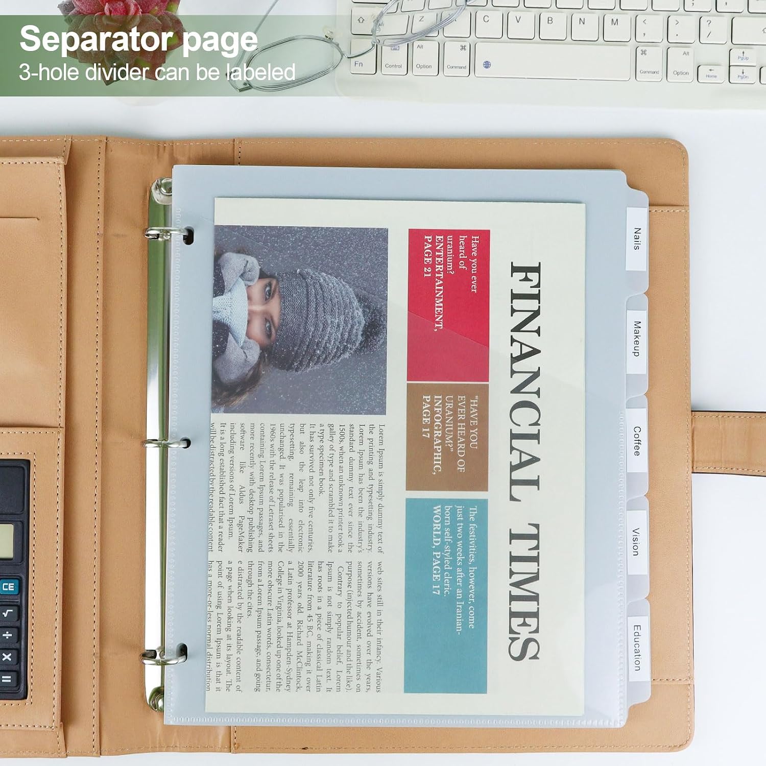 5 Tab Dividers for 3 Ring Binder with One Clear Front Pocket Grey | 9.3 x11.2 inch, Plastic Binder Dividers