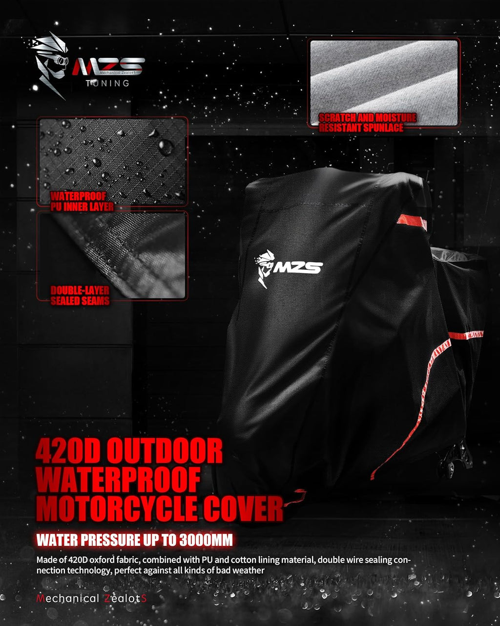 Motorcycle Cover Waterproof Outdoor, 420D All Season Weather Touring Protection Cover Storage fit up to 107"