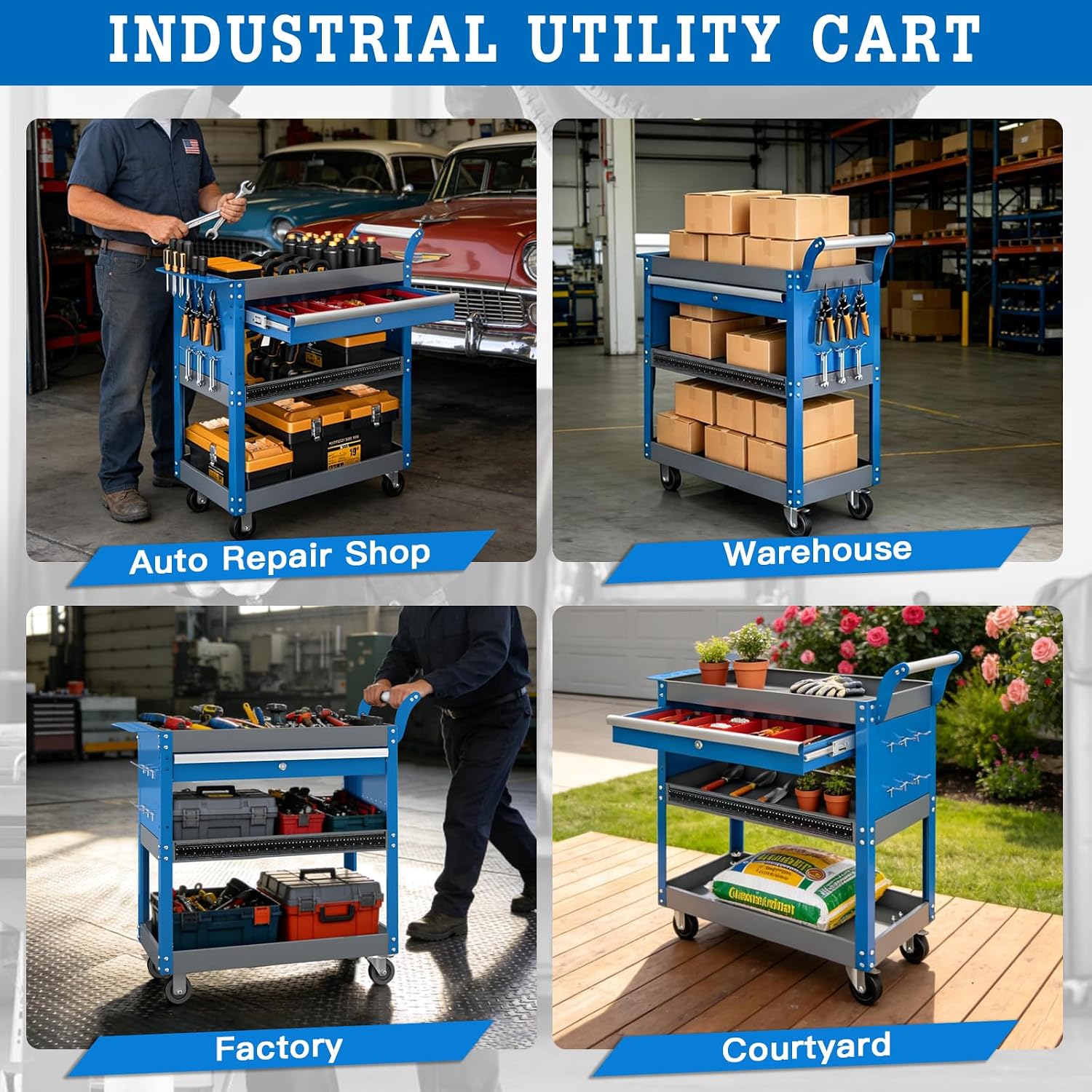 3 Tier Rolling Tool Cart on Wheels,Mechanic Tool Cart with Lockable Drawers,440 LBS Load Capacity Tool Storage Cart