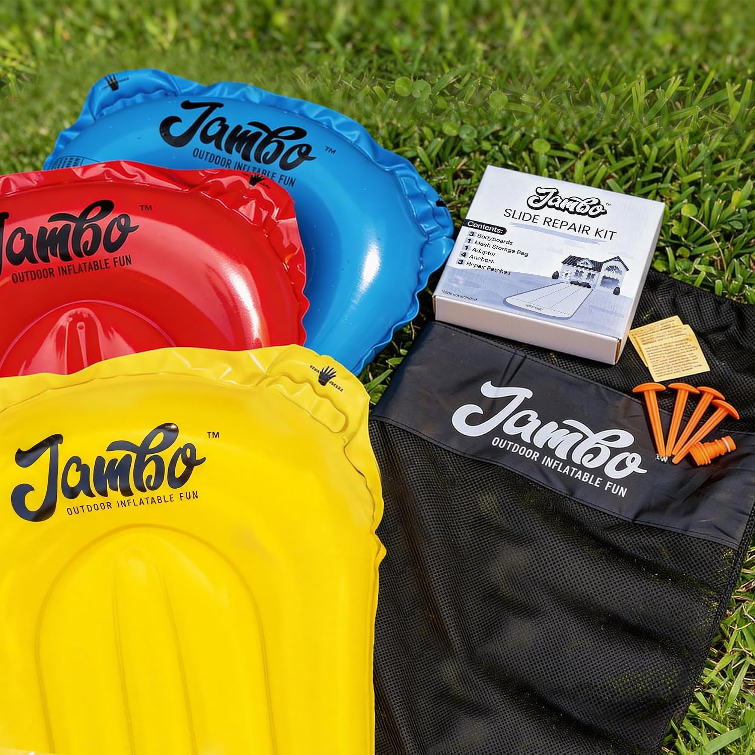 3-Pack Lawn Water Slide Bodyboards with Mesh Storage Bag – Includes Slide Repair Patches, Ground Anchors & Hose