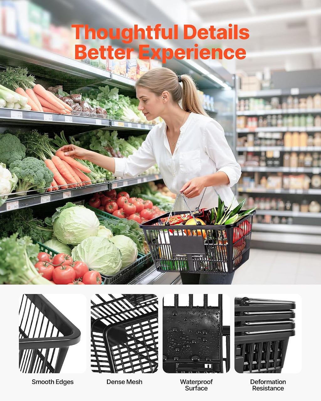 Shopping Baskets, 12 PCS, 21L Stackable PE Plastic Grocery Baskets with Handles, Dense Mesh Structure, Holds up to 20