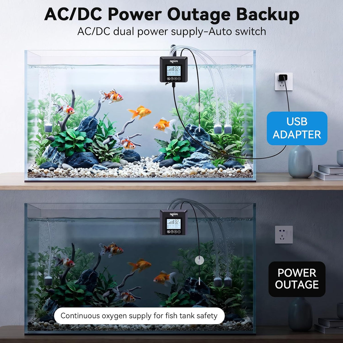 Battery Powered Aquarium Air Pump, USB Rechargeable Aerator up to 60 Gal 2.5w Fish Tank Air Pump, Temp Alarm