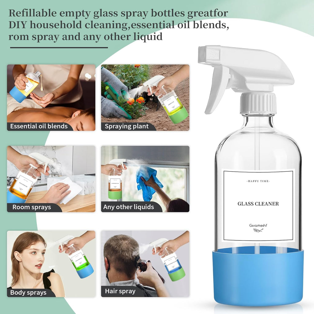16oz Clear Glass Spray Bottles,6 Pack Glass Spray Bottles Refillable Empty Bottle with Adjustable Nozzle,Spray Bottle