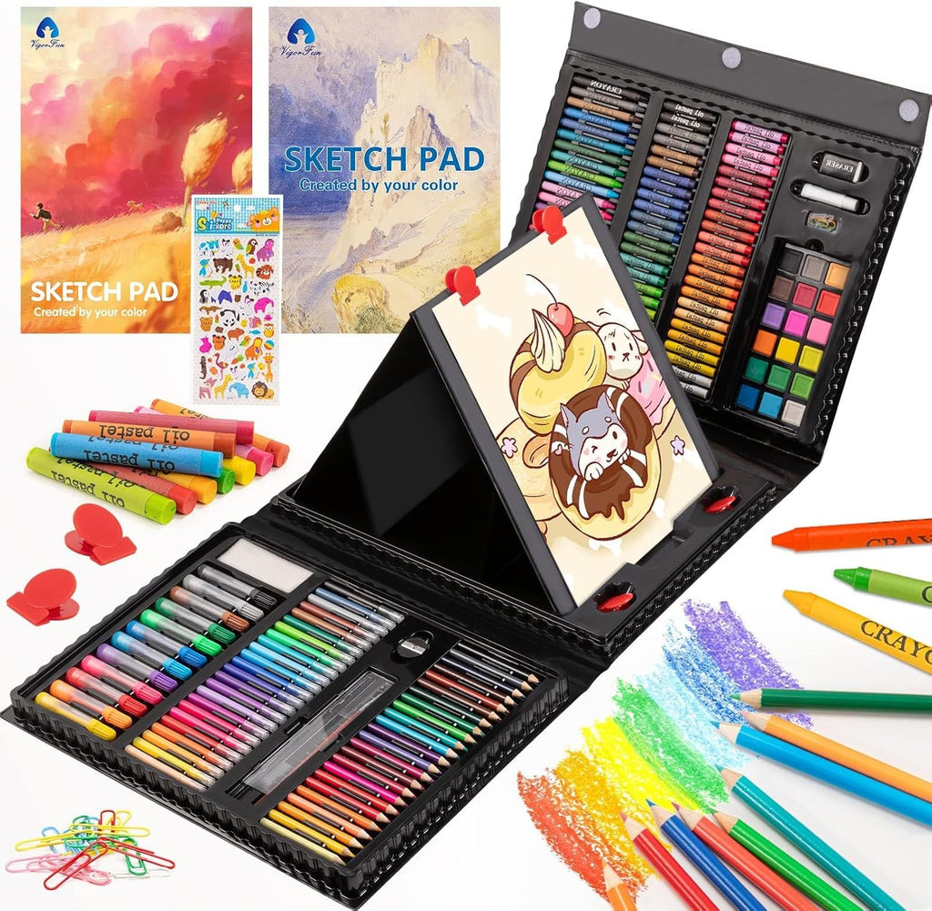Art Supplies, 240-Piece Art Set Crafts Drawing Kits with Double Sided Trifold Easel, Sketch Pads, Crayons, Colored